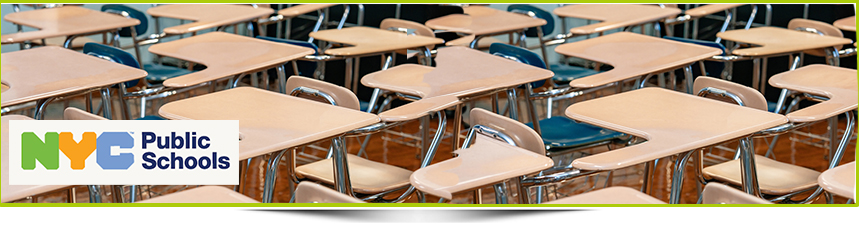 Photo of empty desks. Text reads, “If a student misses even 2–3 days a month, they’re considered chronically absent—and those missed days will affect their learning.” N Y C Public Schools logo.